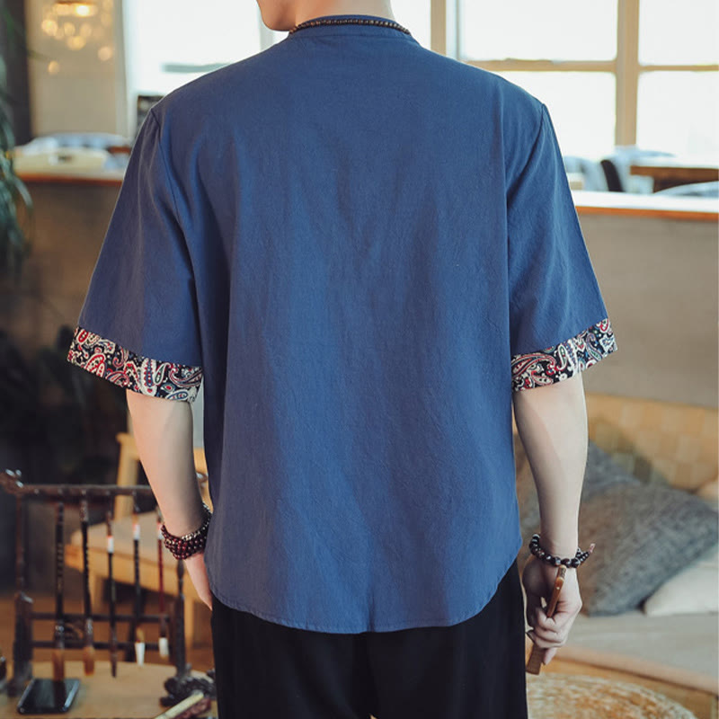 Mythstone Frog-Button Dragon Embroidery Chinese Tang Suit Short Sleeve Shirt Linen Men Clothing