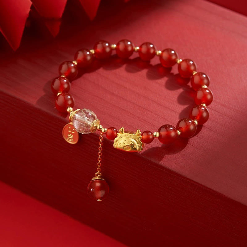 Mythstone Year of the Dragon Dumpling Natural Red Agate Garnet Hetian Jade Fu Character Luck Success Bracelet