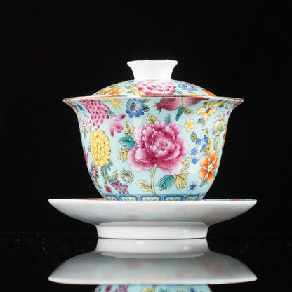 Mythstone Peony Flowers Ceramic Gaiwan Sancai Teacup Kung Fu Tea Cup And Saucer With Lid