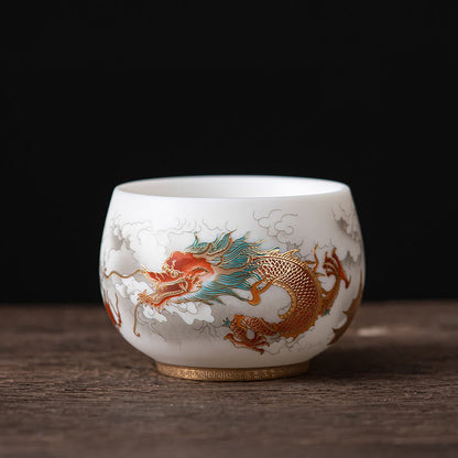 Mythstone Phoenix Dragon Lotus Deer Ancient Building Koi Fish Ceramic Teacup Kung Fu Tea Cups