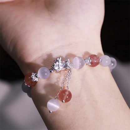 Mythstone Natural Cat's Eye Moonstone Strawberry Quartz PiXiu Support Bracelet