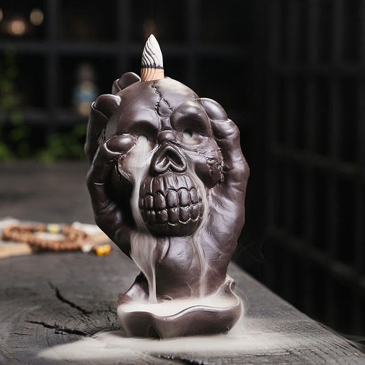 Mythstone Halloween Skull With Ghost Hand Purple Clay Spiritual Incense Burner Decoration