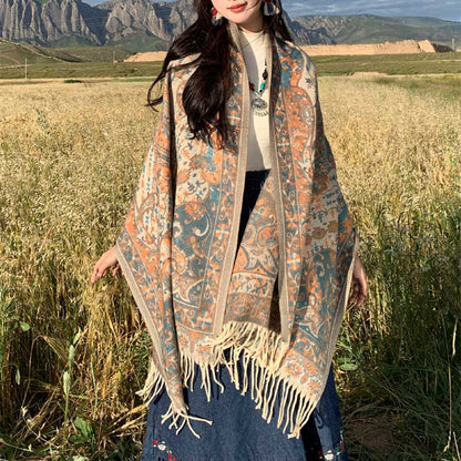 Mythstone Tibetan Flower Branch Tassel Shawl Cozy Travel Scarf Wrap