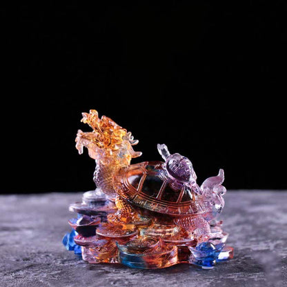 Mythstone Feng Shui Dragon Turtle Coins Handmade Liuli Crystal Luck Art Piece Home Office Decoration