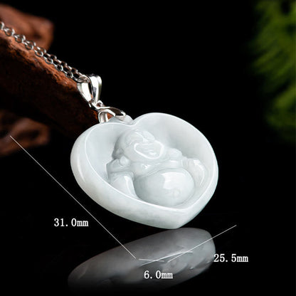 Mythstone 925 Sterling Silver Laughing Buddha White Jade Luck Blessing Necklace Pendant