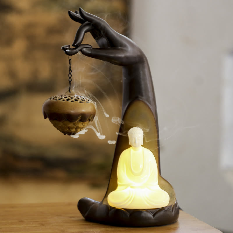 Quemador de incienso de cerámica con forma de mano de Buda y luz LED Mythstone, fuente de humo con reflujo, decoración curativa 