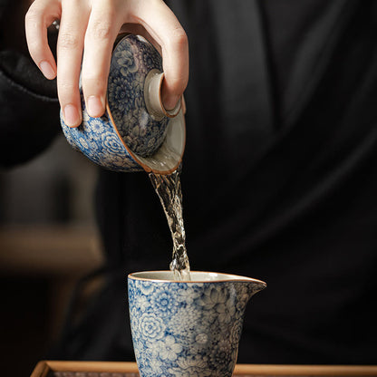 Mythstone Vintage Blue And White Porcelain Peach Blossom Lotus Peony Ceramic Gaiwan Sancai Teacup Kung Fu Tea Cup And Saucer With Lid