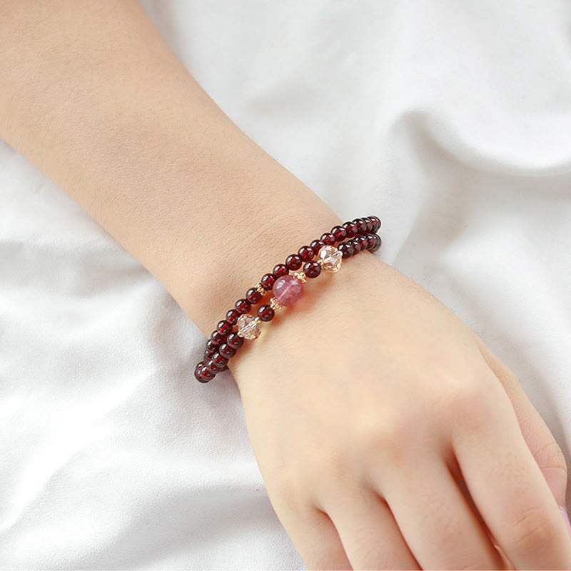 Mythstone 14K Gold Plated Natural Garnet Strawberry Quartz Stability Double Wrap Bracelet