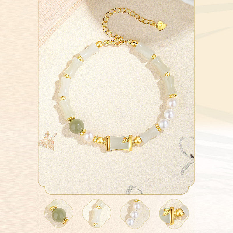 Pulsera de plata de ley 925 con jade blanco natural y bambú Mythstone para la suerte 