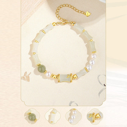 Pulsera de plata de ley 925 con jade blanco natural y bambú Mythstone para la suerte 