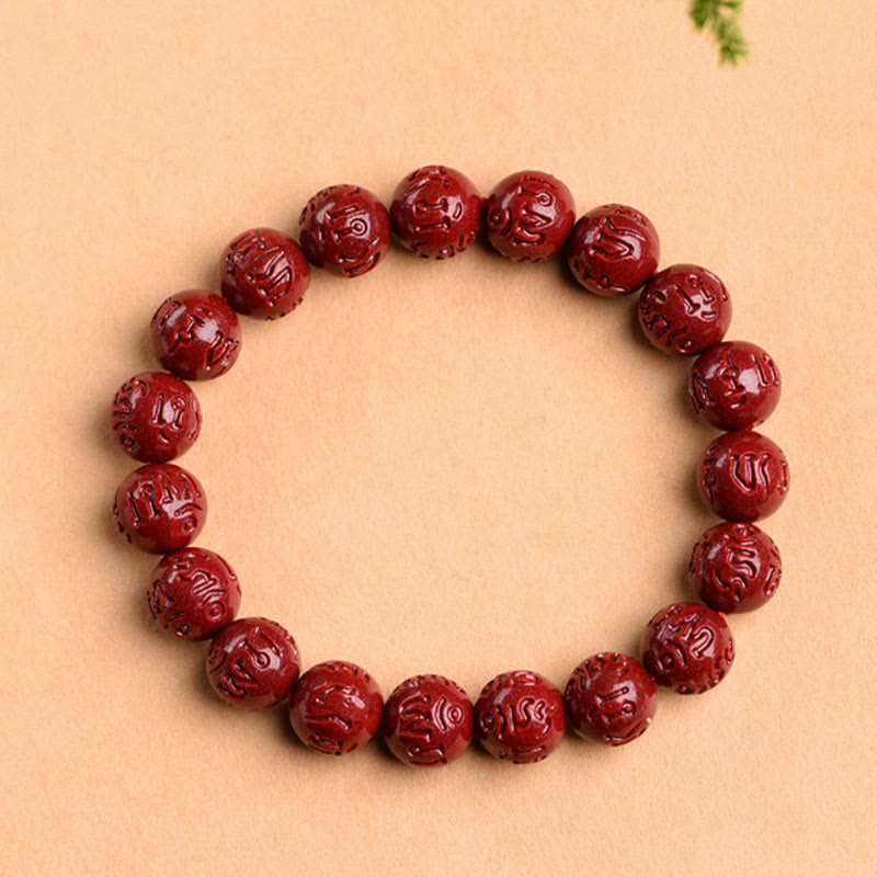 Mythstone Natural Cinnabar Om Mani Padme Hum Fret Pattern Lotus Blessing Bracelet