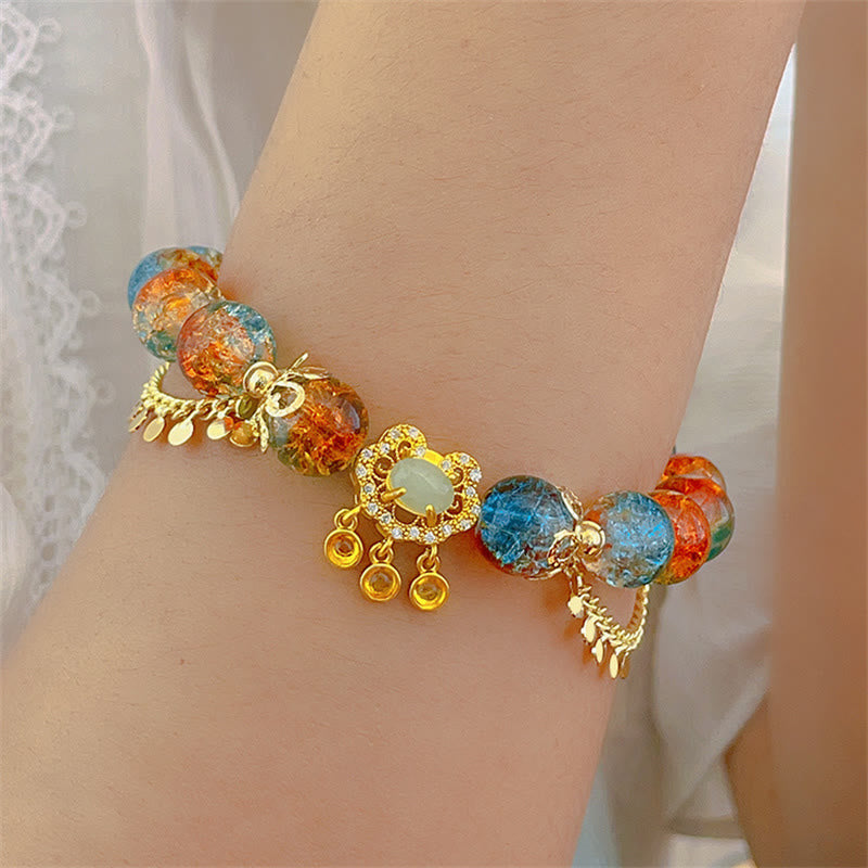 Mythstone Colorful Liuli Glass Bead Chinese Lock Charm Fortune Bracelet