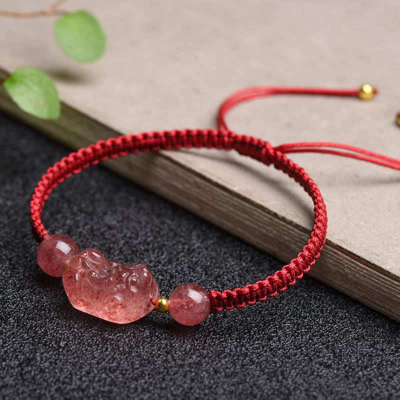 Mythstone Natural Strawberry Quartz PiXiu Lucky Red String Bracelet