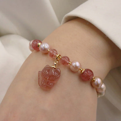 Mythstone Natural Pearl Strawberry Quartz Cute Fox Love Healing Charm Bracelet