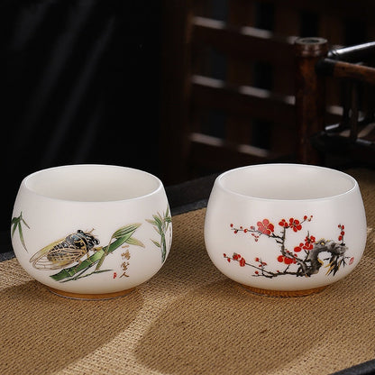 Mythstone Dragon Cicada Bamboo Deer Crane Lotus Plum Flower Ceramic Teacup Kung Fu Tea Cup Bowl 185ml