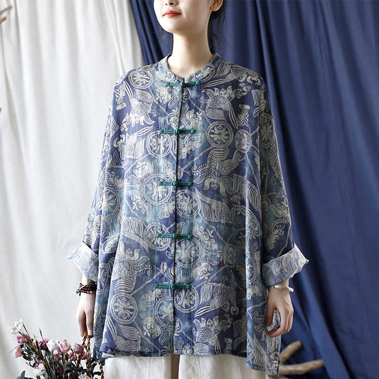 Mythstone Birds Flowers Geometry Frog-Button Long Sleeve Ramie Linen Jacket Shirt