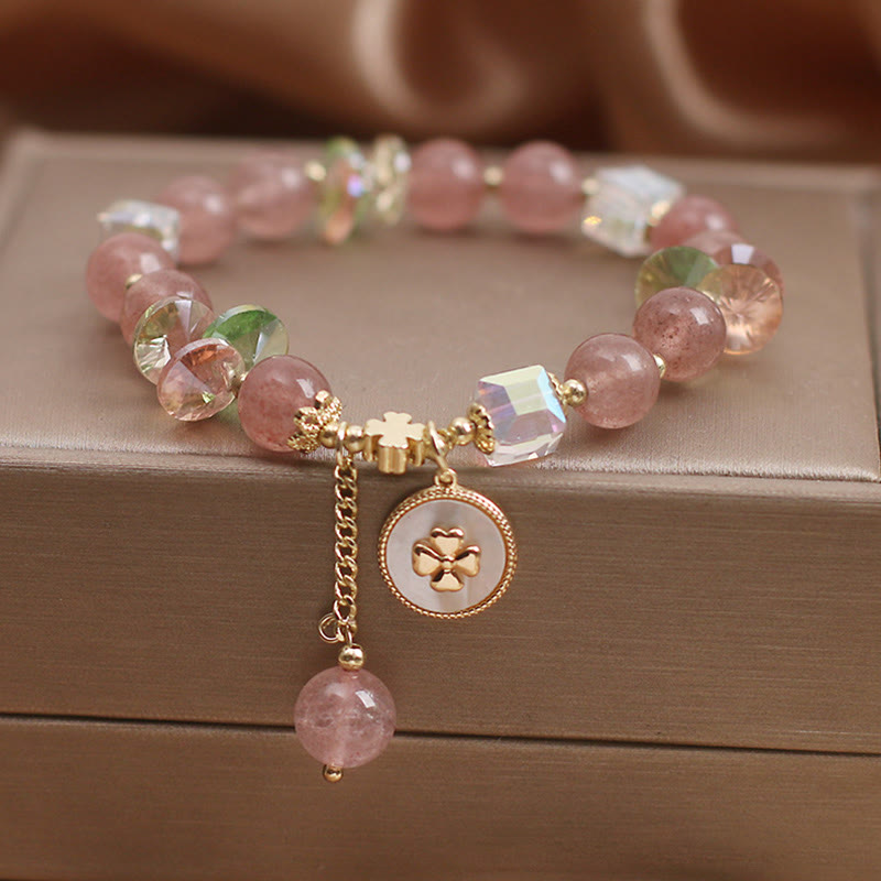 Mythstone Strawberry Quartz Lucky Four Leaf Clover Healing Charm Bracelet