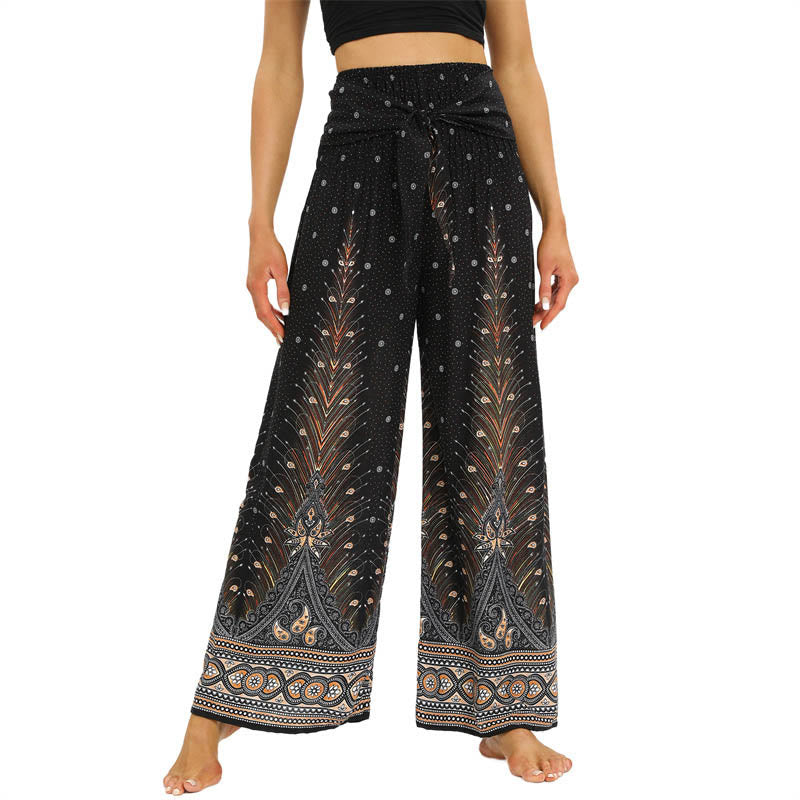 Mythstone Boho Peacock Feathers Lace-up Wide Leg Pants Women's Yoga Pants