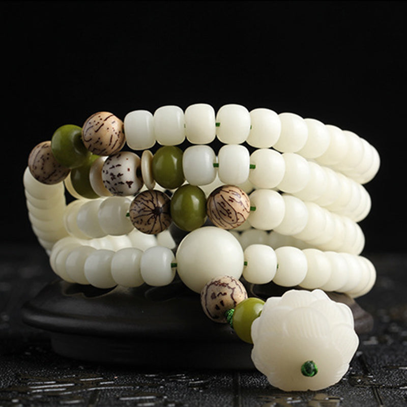 Mythstone White Jade Bodhi Lotus Mala Harmony Necklace Bracelet