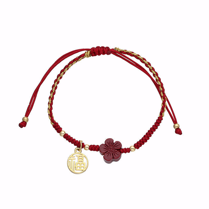 Mythstone Cinnabar Flower Fu Character Blessing Braided String Bracelet