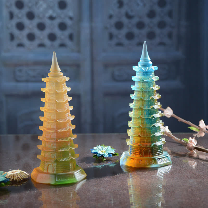 Mythstone Feng Shui Wenchang Tower Handmade Liuli Crystal Pagoda Art Piece Luck Home Office Decoration