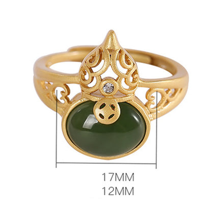 Anillo ajustable con piedra mitológica, calabaza, jade cian, moneda de cobre, suerte y éxito