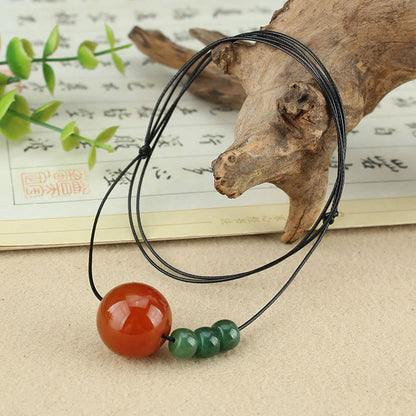 Mythstone Red Agate Green Aventurine Green Bodhi Seed Bead Calm Leather Rope Necklace Pendant