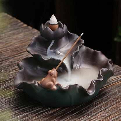 Mythstone Lotus Flower Leaf Frog Butterfly Pattern Healing Ceramic Incense Burner Decoration