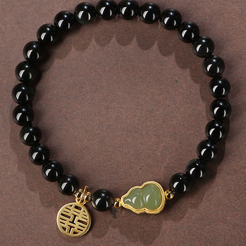 MythStone Natural Black Obsidian Hetian Jade Gourd Double Happiness Strength Bracelet