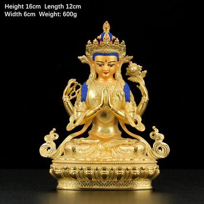 Mythstone Chenrezig Four-armed Avalokitesvara Protection Copper Gold Plated Statue Decoration