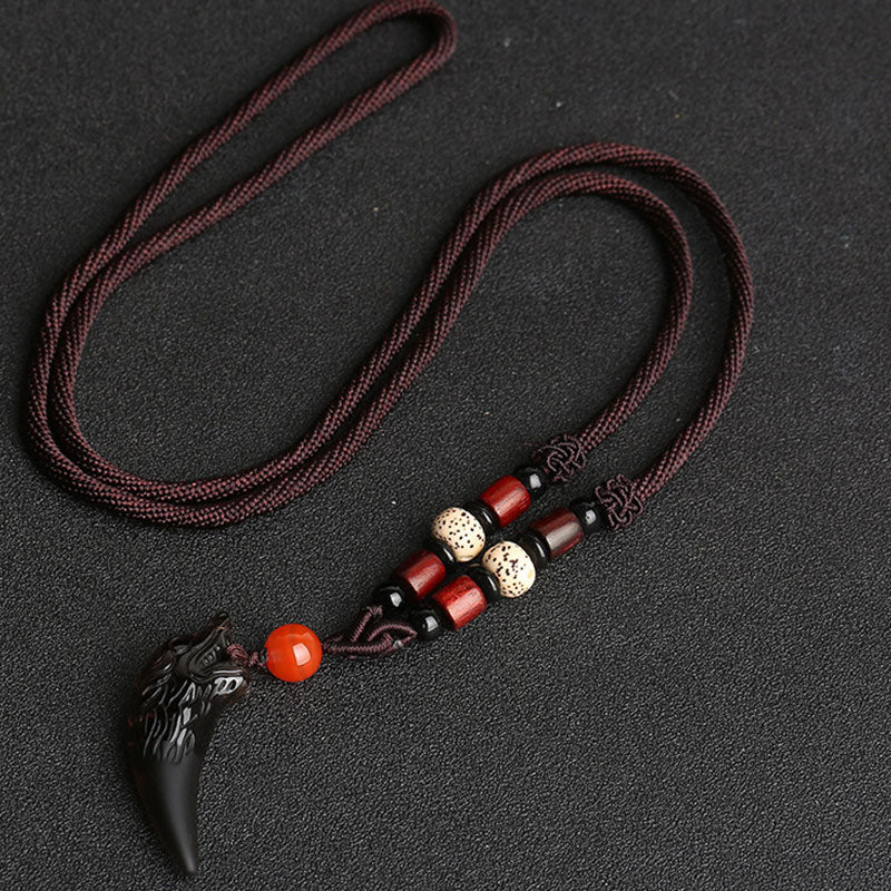 Mythstone Natural Ice Obsidian Wolf Tooth Pattern Courage Necklace Pendant