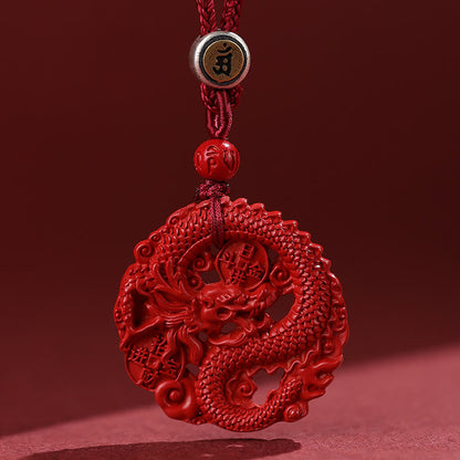 Mythstone Year of the Dragon 925 Sterling Silver Natural Cinnabar Copper Coin Luck Necklace Pendant