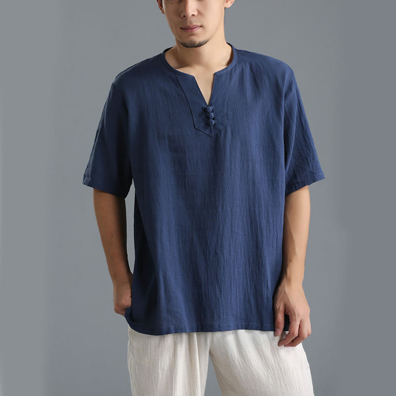 Mythstone Men's Solid Color V-Neck Button Short Sleeve Cotton Linen Shirt