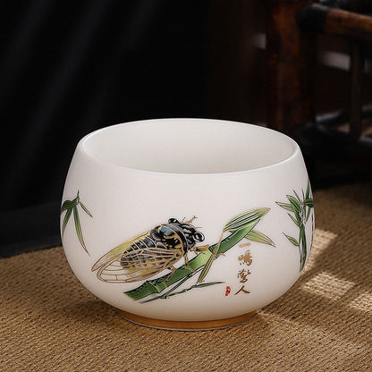 Mythstone Dragon Cicada Bamboo Deer Crane Lotus Plum Flower Ceramic Teacup Kung Fu Tea Cup Bowl 185ml