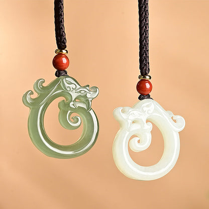 Mythstone White Jade Cyan Jade Dragon Protection Necklace String Pendant