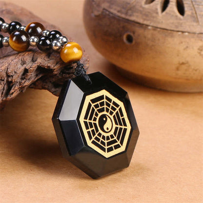 Mythstone Bagua Yin Yang Black Obsidian Purification Beaded Necklace Pendant