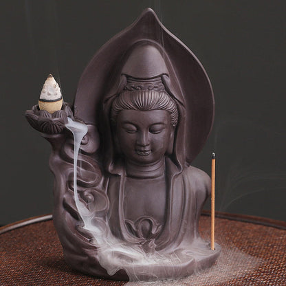 Mythstone Tibetan Avalokitesvara Buddha Lotus Healing Backflow Smoke Fountain Incense Burner