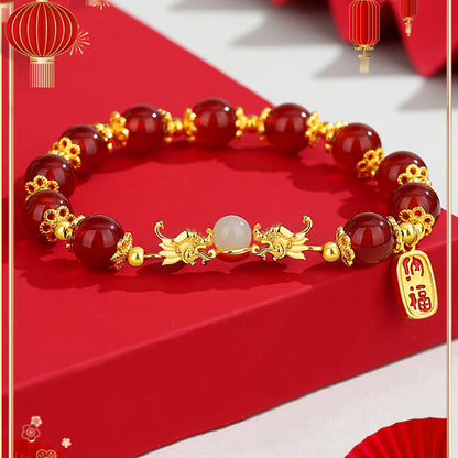 Pulsera de fuerza con amuleto de jade hetiano Fu de ágata roja natural del año del dragón en plata de ley 925 de Mythstone