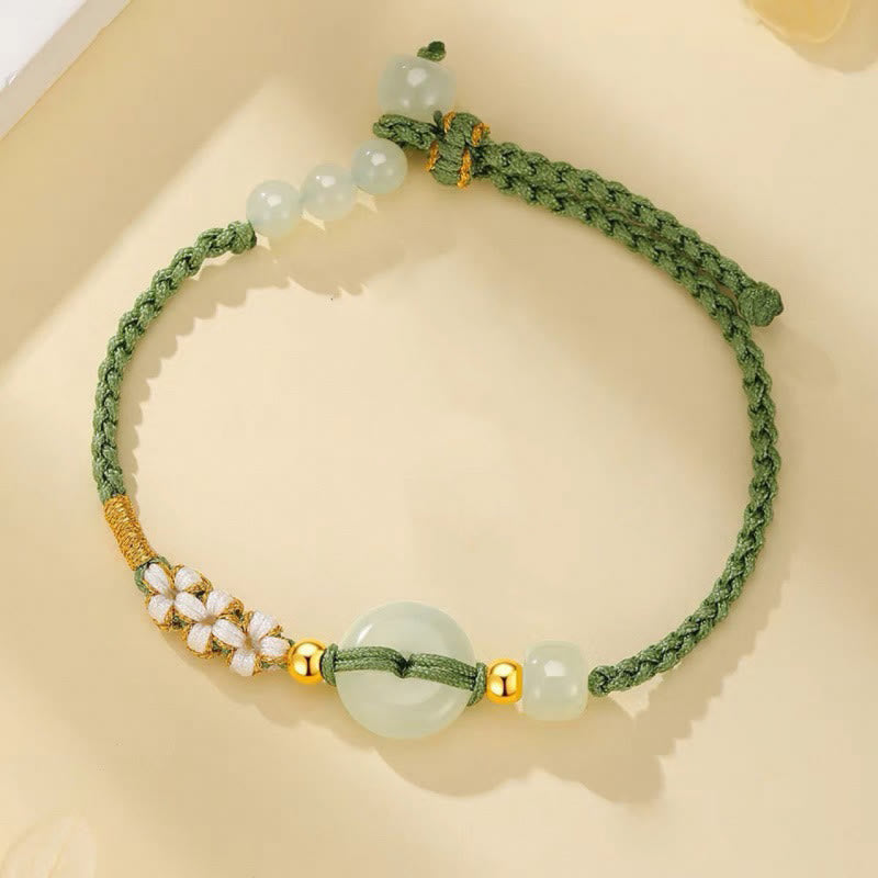 Mythstone Hetian Jade Peace Buckle Luck Peach Blossom Braided Bracelet