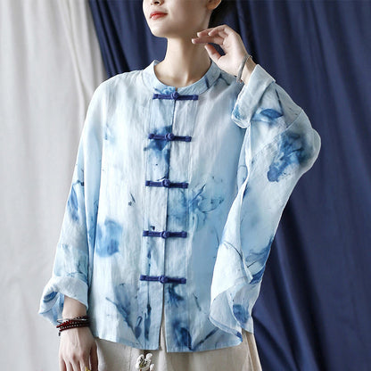 Mythstone Tie Dye Blue Flowers Frog-Button Design Long Sleeve Ramie Linen Jacket Shirt