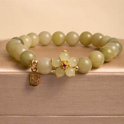 MythStone Green Jade Flower Fu Character Charm Luck Bracelet