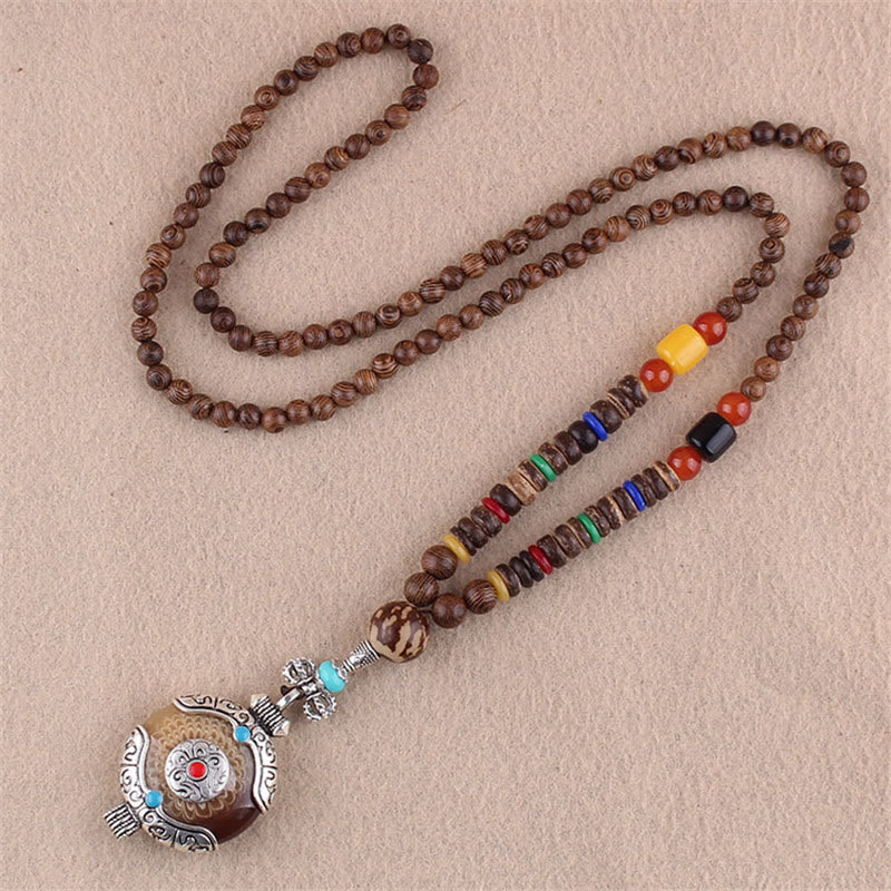 Mythstone Tibetan Wenge Wood Bodhi Seed Agate Elephant Protection Necklace Pendant