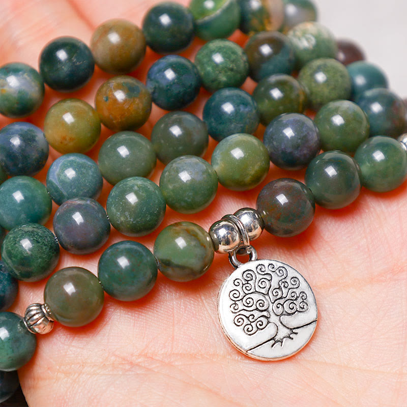 Mythstone 108 Mala Beads Indian Agate Lotus OM Buddha Tree of life Positive Calm Bracelet