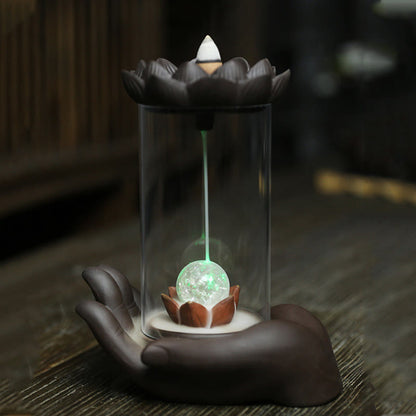 Mythstone Buddha Hand Lotus Enlightenment LED Light Purple Clay Ceramic Incense Burner Decoration