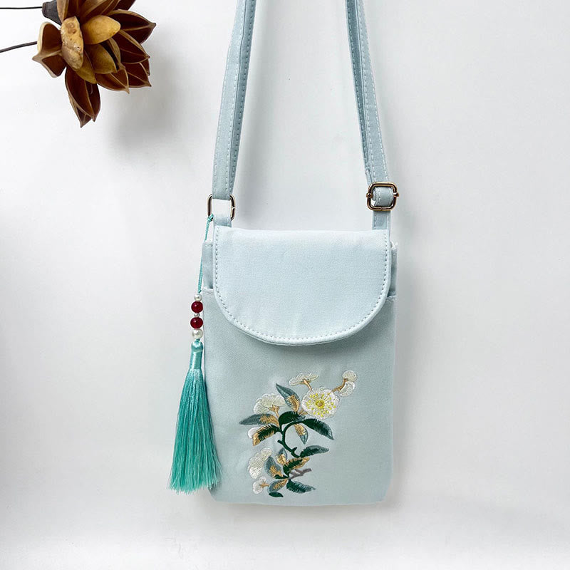 Mythstone Small Embroidered Flowers Crossbody Bag Shoulder Bag Double Layer Cellphone Bag