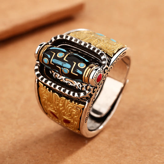 Mythstone Tibetan Nine-Eye Dzi Bead Wealth Blessings Rotatable Ring