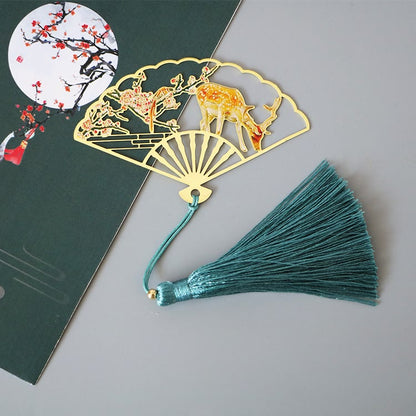 Mythstone Traditional Butterfly Lotus Flower Crane Dragon Phoenix Fox Koi Fish New Beginning Metal Brass Hollow Fan Bookmarks