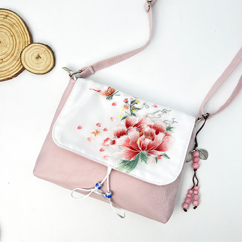 Bolso bandolera con bordado de camelia, epifilo, gardenia y flores de cerezo de Mythstone, bolso de hombro, bolso para teléfono móvil