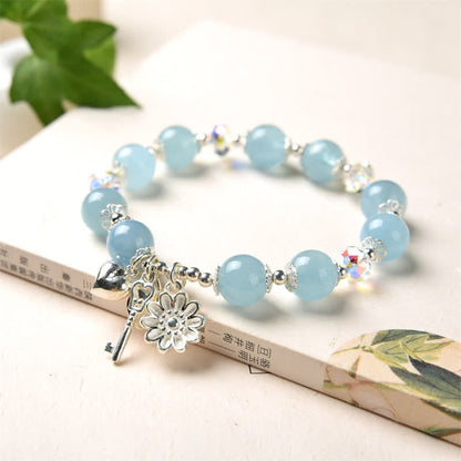 Mythstone 925 Sterling Silver Natural Aquamarine Serenity Flower Love Key Charm Bracelet