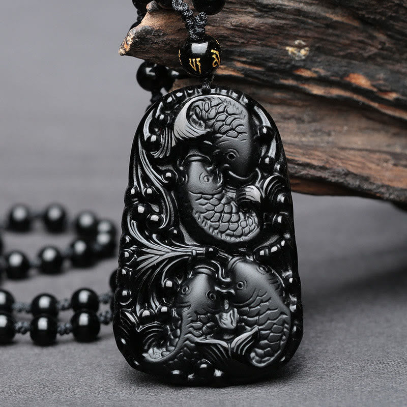 Mythstone Black Obsidian Koi Fish Engraved Strength Beaded Necklace Pendant